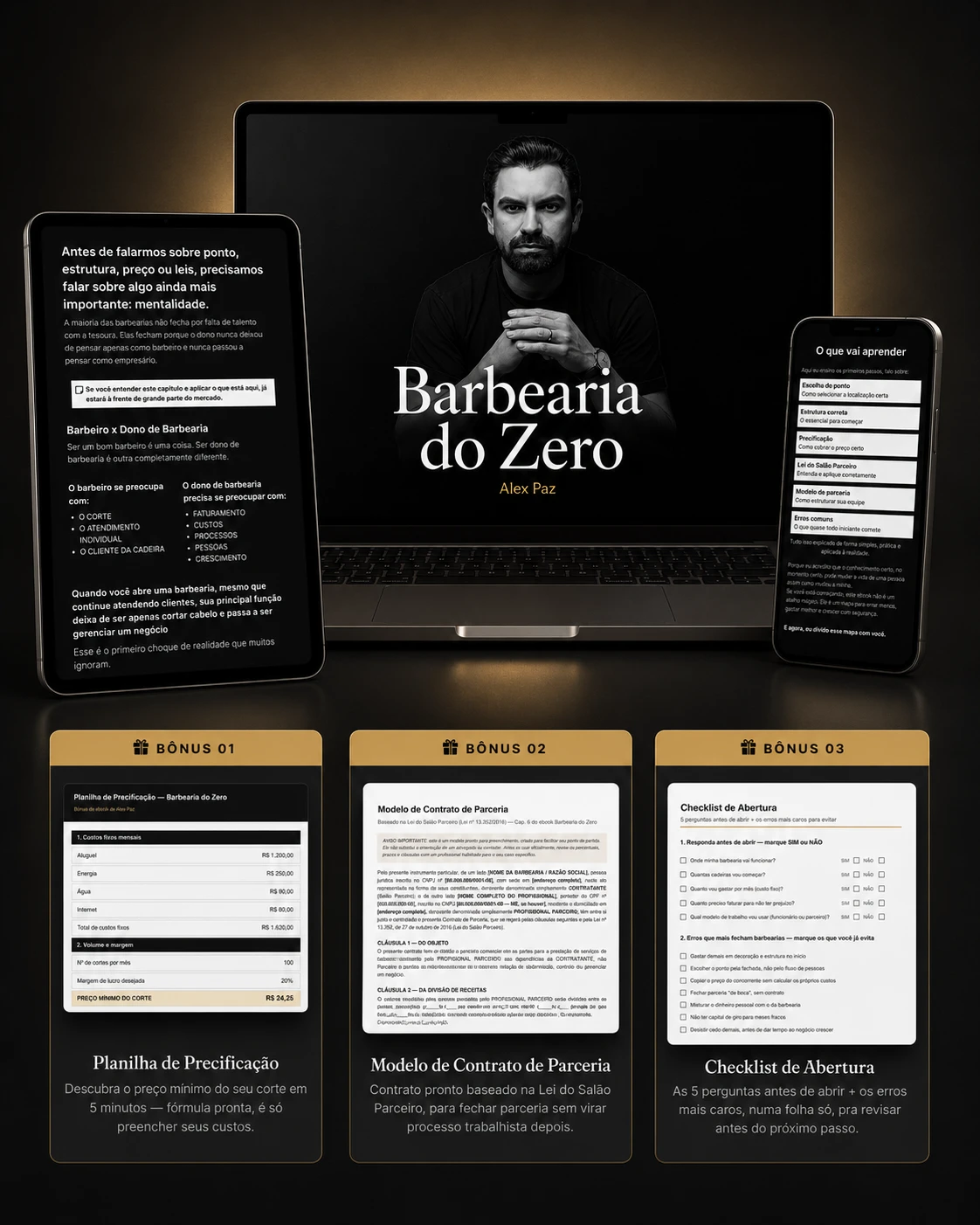 Guia Barbearia do Zero e os 3 bônus: planilha, contrato e checklist
