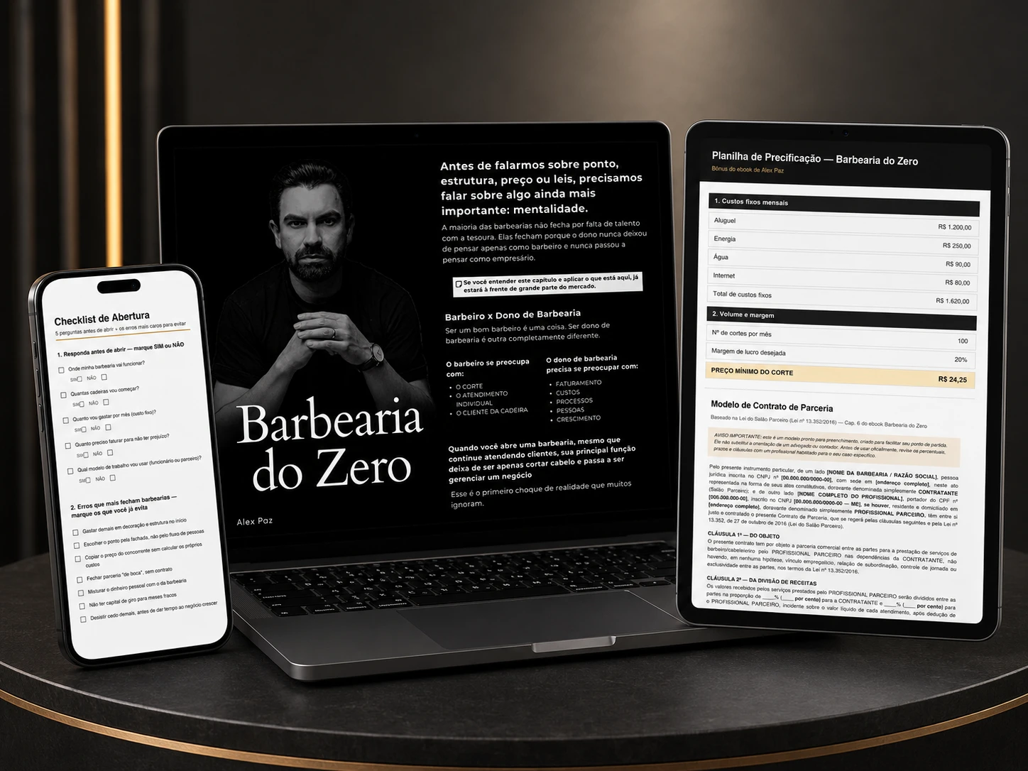 Guia Barbearia do Zero e os bônus abertos no computador, tablet e celular